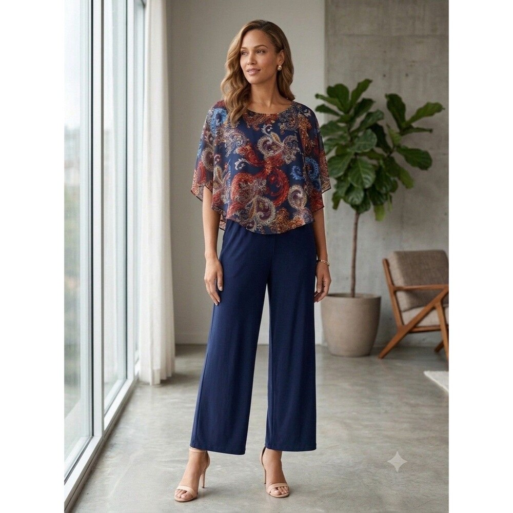 Connected Jumpsuit Womens Plus Sz 18W Floral Chiffon Cape Wide Leg Minimal Chic